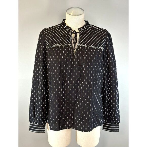 Loft NWT Clip Stripe Ruffle Tie Neck Blouse in Black Size S - Picture 2 of 7